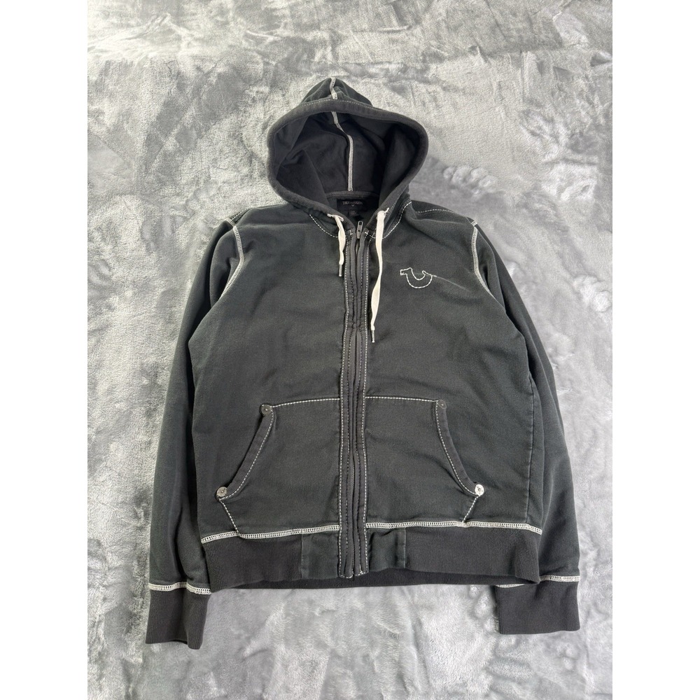 Vintage True Religion Contrast Stitch Hoodie Full Zip Y2K 00's Size L Black